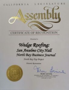 CA legislative recognition-wedge-roofing-marin-county