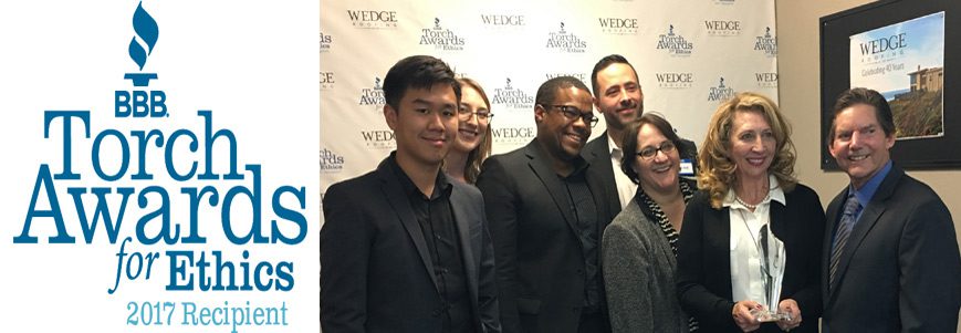 The San Francisco Bay Area Better Business Bureau Team: Toby Ho, Rebecca Harpster, Kenneth Mitchell, Jarrod Wise and Lori Wilson Present the BBB 2017 Torch Ethics Award to Jennifer & Ralph Wedge of Wedge Roofing. The San Francisco Bay Area Better Business Bureau Team: Toby Ho, Rebecca Harpster, Kenneth Mitchell, Jarrod Wise and Lori Wilson Present the BBB 2017 Torch Ethics Award to Jennifer & Ralph Wedge of Wedge Roofing.