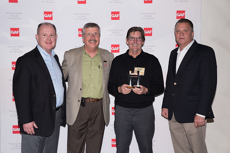 Left to right: Larry Sterritt, GAF Senior VP Commercial Sales; Jim Slauson, GAF VP Certified Program Services; Ralph Wedge, President Wedge Roofing; and Mike Brisbin, GAF Program Manager. Wedge Roofing Receives GAF Excellence Award